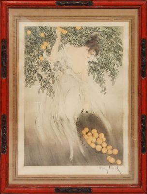 a painting of a woman holding a basket full of oranges