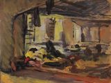une peinture à l'huile représentant une cuisine avec beaucoup de nourriture sur le plan de travail
