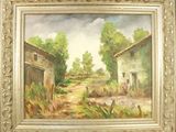 une peinture à l'huile représentant une route de campagne avec une grange et des arbres en arrière-plan