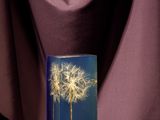 a glass vase with a dandelion in it on a purple cloth