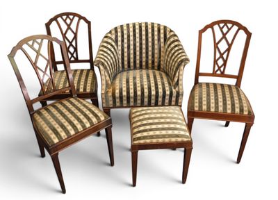 four chairs with striped upholstered upholstered cushions