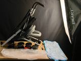 a baby stroller sitting on top of a wooden table