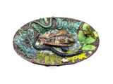 une assiette sur laquelle sont représentés un poisson et un lézard
