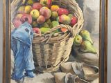 une peinture à l'huile représentant une corbeille de pommes et de poires à côté d'une paire de chaussures