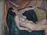 a painting of a nude woman sitting on a green chair