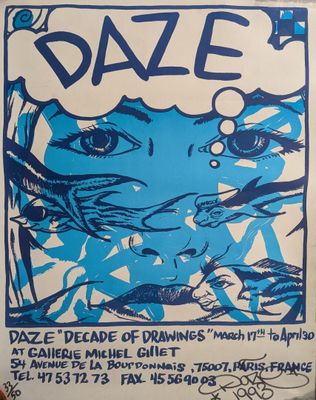 une affiche bleue et blanche sur laquelle est dessiné le visage d'une femme
