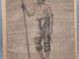 an old drawing of a man holding a stick in his hand