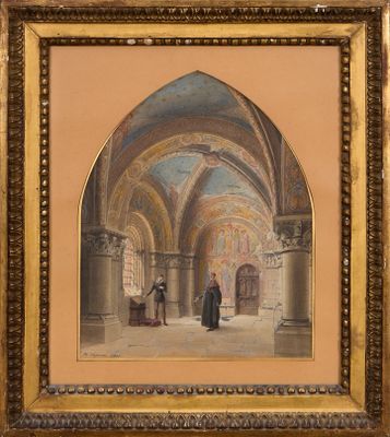 une image représentant un tableau où figurent un homme et une femme dans un bâtiment