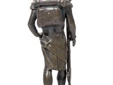 bronze statue of a man with a spear and a hat on a marble base