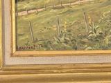 a picture of a painting of a farm in the country