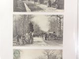 four pictures of horses and carriages on the road
