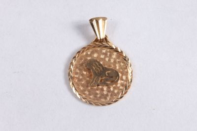 a close up of a gold pendant with a horse on it