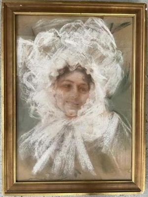 tableau représentant une femme portant un bonnet blanc et une robe blanche