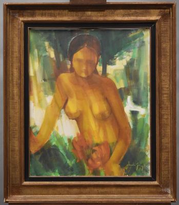 une peinture à l'huile représentant une femme tenant une fleur dans la main droite