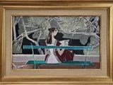 un tableau représentant une femme assise sur un banc