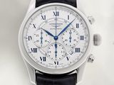 Montre chronographe Longines avec cadran blanc et bracelet en cuir noir