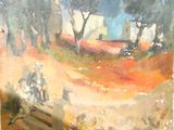a painting of a man riding a horse down a road