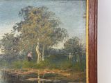 a picture of a painting of a man and a dog by a lake