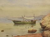 a watercolor painting of a boat in the water