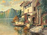 a painting of a house by the water with a boat in the water