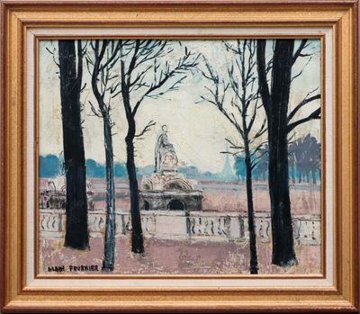an image of a painting of trees and a building in a park
