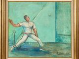 une peinture à l'huile représentant un homme en chemise blanche en train de lancer une balle de baseball