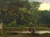 un tableau représentant des vaches paissant dans un champ au bord d'une rivière