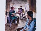 tableau représentant une femme assise dans une pièce avec une guitare et un groupe d'enfants