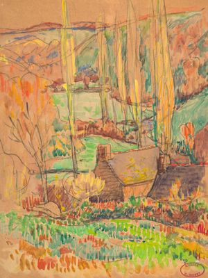dessin représentant un tableau de paysage avec un bateau au premier plan