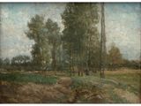 an image of a painting of a field with trees in the background