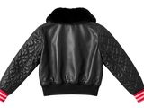 a black leather jacket with a pink stripe on the sleeves
