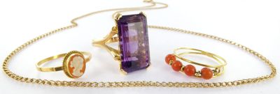 purple amethorate and coral jewelry set on a gold plated chain