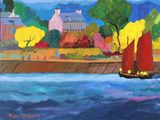 une peinture représentant un voilier rouge sur l'eau