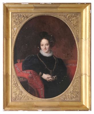 portrait of a woman in a black dress with a red chair