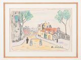 dessin représentant une scène de rue avec des passants marchant dans la rue