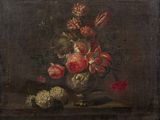 a painting of flowers in a vase on a table