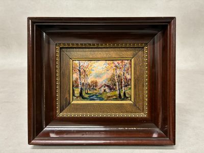 a painting of a landscape with trees and a house in the distance