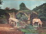 two cows that are standing in the water near a bridge