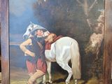 painting of a man with a white horse in a wooded setting