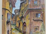 painting of a narrow street in an old european village