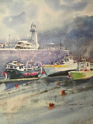 a painting of boats in a harbor with a lighthouse in the background