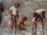 painting of a group of children playing in the water at the beach