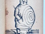 a book with a drawing of a man with a snail on it