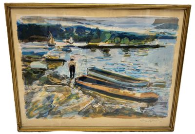 Max AGOSTINI (1914-1997) Pêcheur près des barques sur la bai…