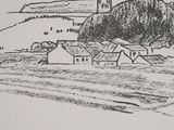drawing of a small village with a steeple in the background