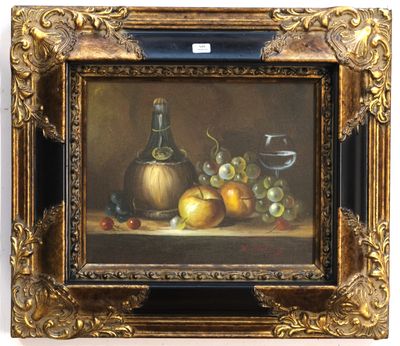 an oil painting of a still life of fruit and a bottle of wine