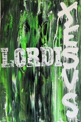 a painting of a green and white painting with words on it