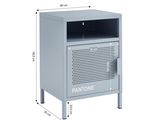 a gray metal cabinet with a door and a drawer underneath it