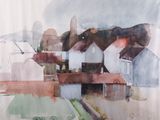une aquarelle représentant une petite ville survolée par un oiseau