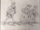 drawing of a man and a woman with a goat on a horse